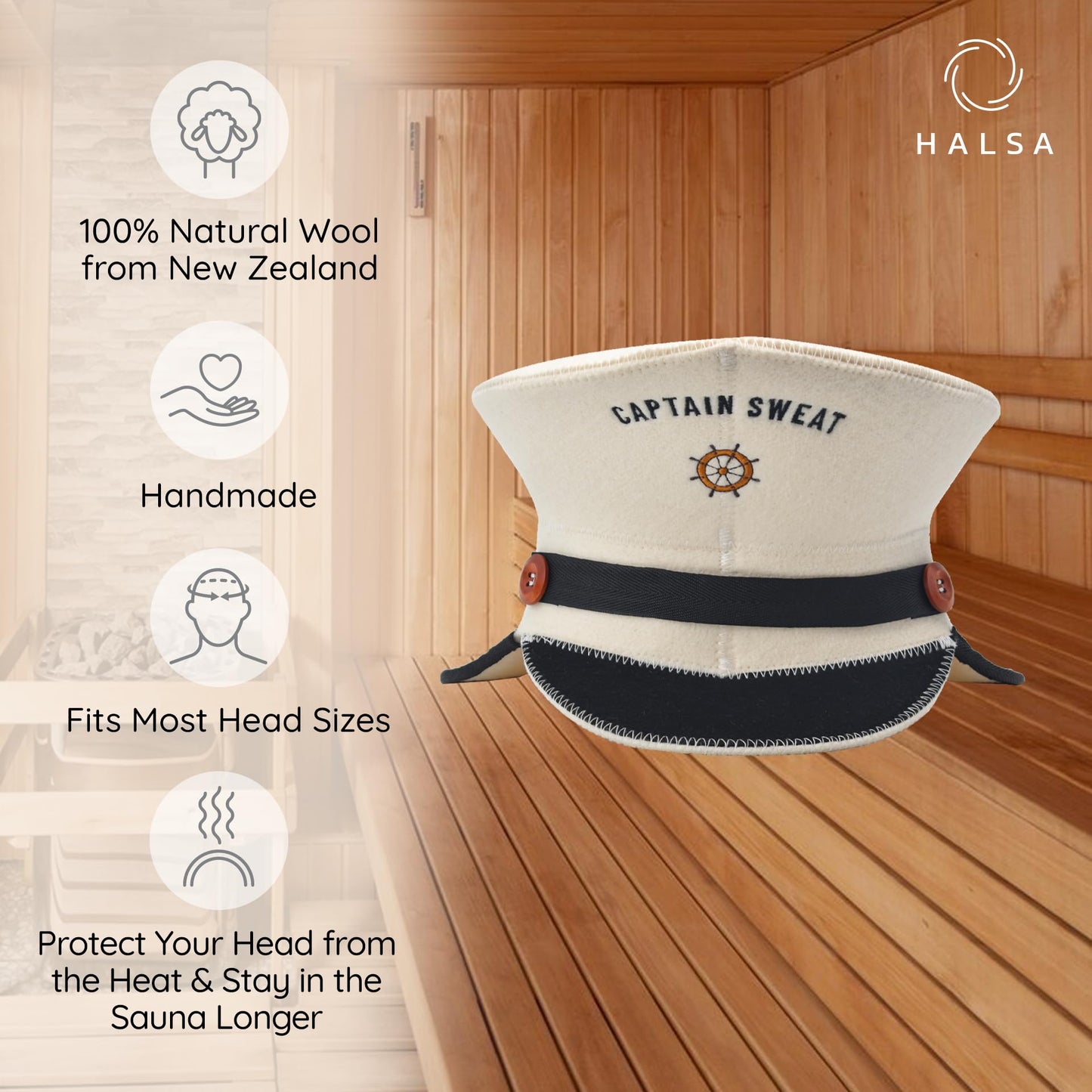 Halsa Sauna Hat - Captain Sweat Wool Sauna Cap for Men & Women, Eco-Friendly, Handmade, Breathable, One Size Fits All - Spa, Steam Room, Banya