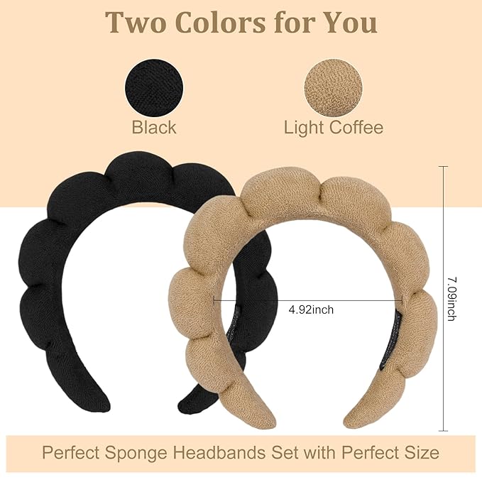 AMCAMI Puffy Spa Headband for Women Sponge Headbands for Girls 2 PCS Terry Towel Cloth Fabric Head Band for Skincare,Makeup Removal,Face Washing,Facial Mask,Shower,Hair Accessories（Black&Light Coffee）