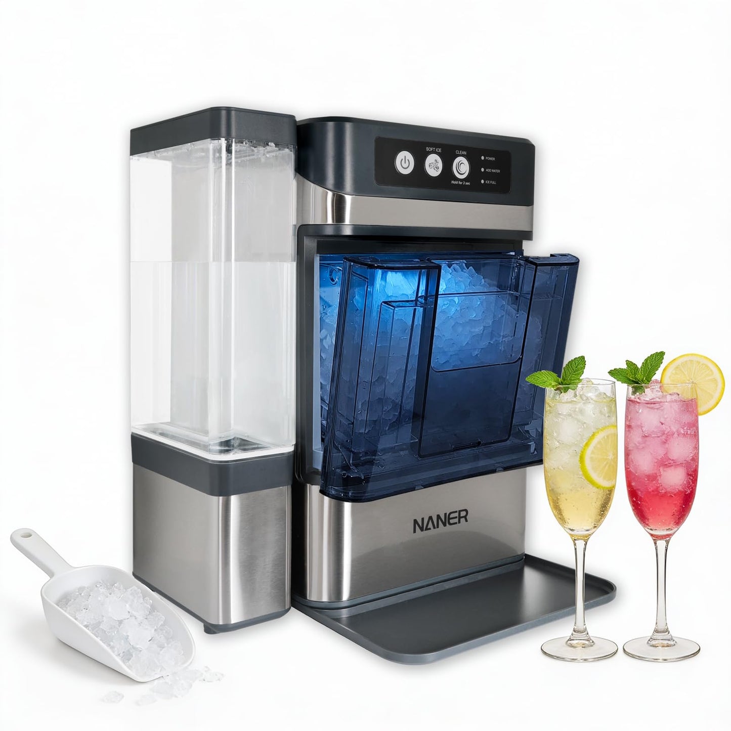 Naner Nugget Ice Makers Countertop 42lbs/Day Large Capacity One-Click Operation Self-Cleaning Portable Ice Maker with A Detachable 3L Water Tank Scoop Included Ice Machine for Home/Kitchen/Office
