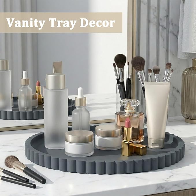 Silicone Bathroom Vanity Tray, Modern Round Decorative Tray for Countertop, Waterproof & Unbreakable Cosmetic Perfume Organizer, Extra-Thick & Sturdy, Easy to Clean Candle Tray (Dark Grey, 10 inch)