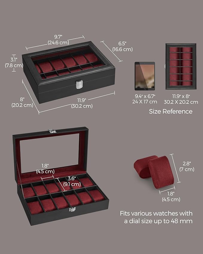 SONGMICS Watch Box, 12-Slot Watch Case Organizer with Large Glass Lid, Removable Pillows, Gift for Loved Ones, Black Synthetic Leather, Wine Red Lining UJWB120R01