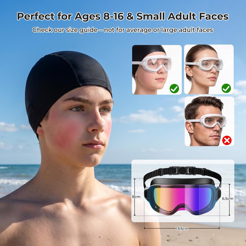 Aegend 2 Pack Swim Goggles For Youth Ages 8-16&Adult(Small Faces), Large Frameless Wide View No-Leak Silicone Seal Anti-Fog/UV, with Earplugs Nose Clips Mesh Bags for Teens Boys Girls Swimming
