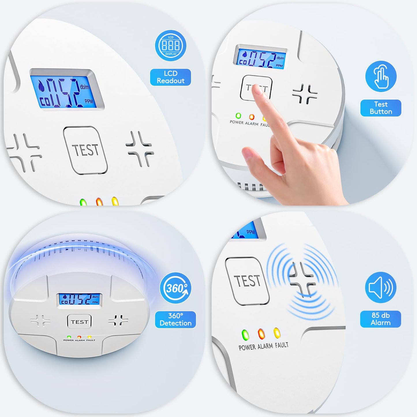 6 Packs,2 in 1 Technology, Smoke,Carbon Monoxide Detector, Co Alarm,85db Alert,LCD Readout,3 Color LED Indication,(Green Light Blinking at Work), with 3 AA Batteries,Easy Install,for Home and Kitchen