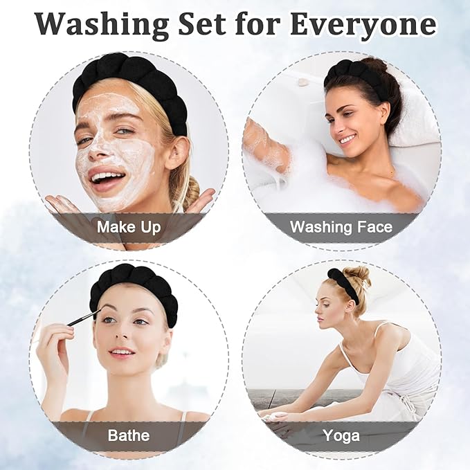 Women's Spa Headband for Face Washing, Makeup Removal, and Shower - Terry Cloth Puffy Sponge Headband with Hair Accessories (Black)