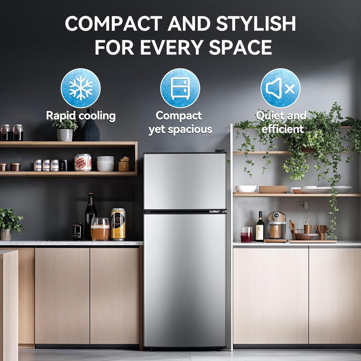 Anypro 4.0 Cu.Ft Fridge with Freezer, Double Door Refrigerator with 6 Level Thermostat, Silver