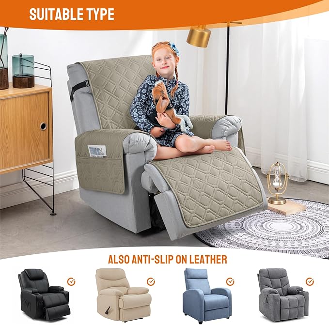 VANSOFY 100% Waterproof Recliner Chair Covers, Recliner Cover Non-Slip Dog Chair Cover Furniture Protector Washable Slipcover with Pocket, Elastic Straps for Pets, Dogs(Khaki, 23.6")