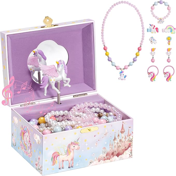 ProCase Unicorn Jewelry Box for Girls, Kids Musical Jewelry Boxes with Spinning Unicorn Doll, Birthday Christmas Gifts for Little Girls Children Toddler Ages 3 4 5 6 7 8 -Unicorn (Box with Jewelry)