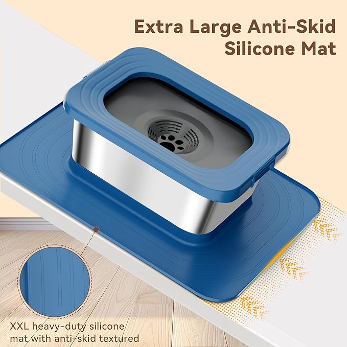 10L No Spill Dog Water Bowl, 2.6 Gal Stainless Steel No Splash Large Dog Water Bowl with Non-Slip Silicone Mat, Spill Proof Slow Drinking Pet Bowls for Messy Drinkers Indoor/Outdoor Use Blue