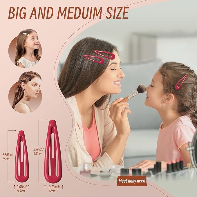 Metal Snap Hair Clips, No Slip Hair Clips for Thick/Thin Hair, 16pcs Medium Barrettes for Women Kids Hairstyle Makeup Accessories (8pcs 2.36inch & 8pcs 2.7inch) (Pink Pink)