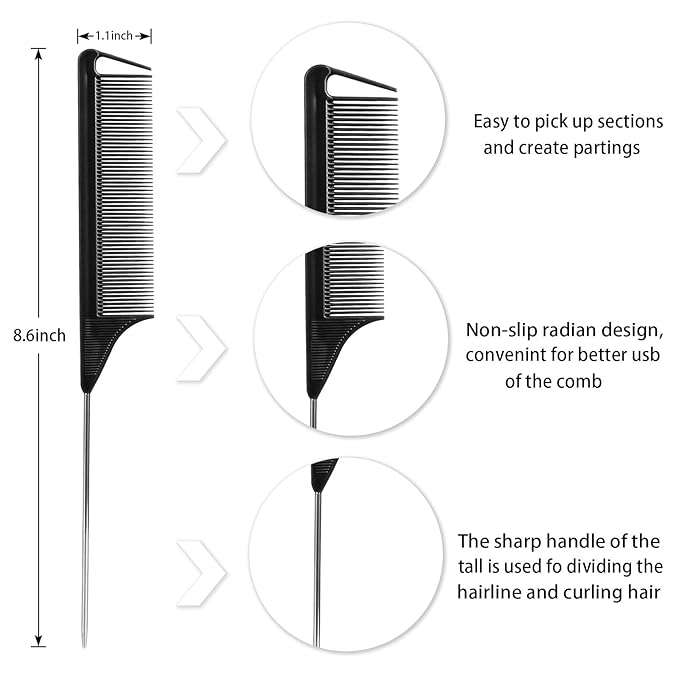 Hair Styling Combs and Clips Set - Rat Tail Teasing Combs with Steel Pin, Sectioning Alligator Clips for Braiding, Parting, and Salon Use