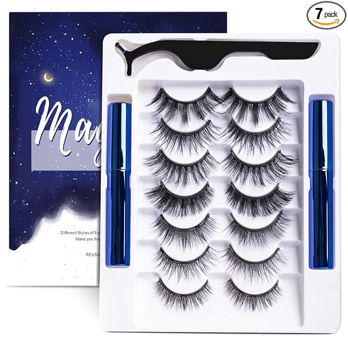 Magnetic Eyelashes Kit, 7 Pairs Reusable 3D Natural Look Magnetic Lashes with Eyeliner & Tweezers, No Glue Needed, Easy to Apply, Lightweight & Waterproof False Eyelashes (7 Pairs)