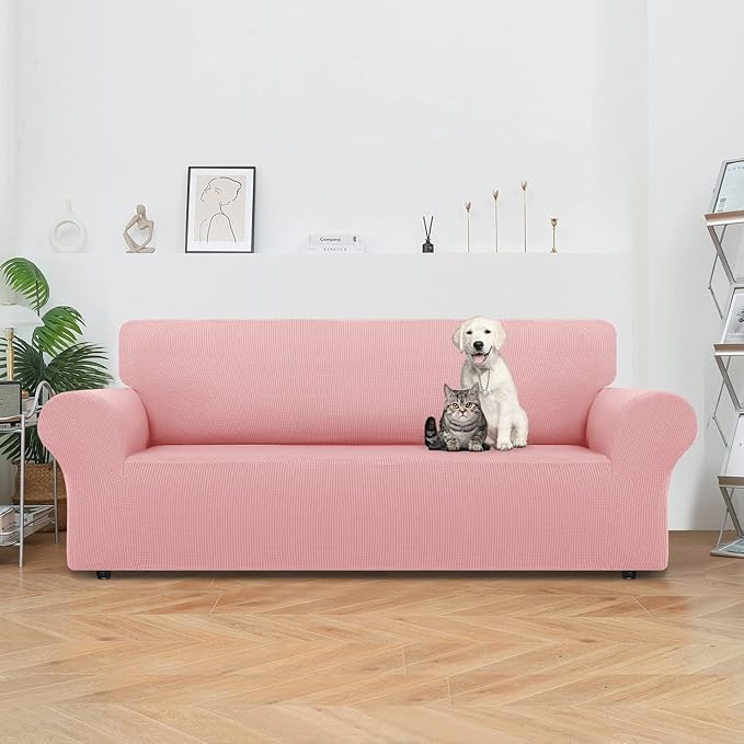 LURKA Stretch Oversized Sofa Slipcovers 1 Piece Couch Covers for 3 Cushion Couch Sofa Furniture Protector Full Sofa Covers with Elastic Bottom for Kids and Pet (X-Large, Pink)