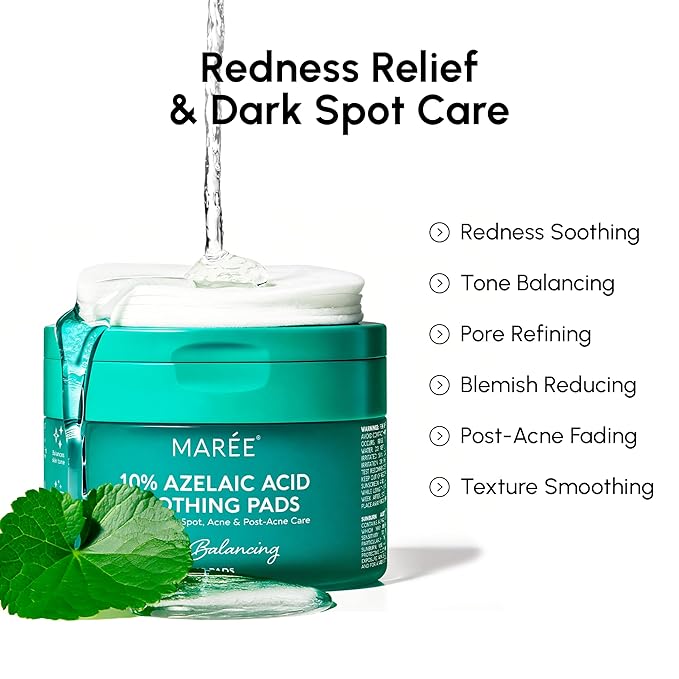 MAREE Azelaic Acid Acne Clearing Pads Ã¢ÂÂ Exfoliating Pads with Glycolic & Hyaluronic Acid for Face Ã¢ÂÂ 10% Azalecic Acid & Centella Redness Soothing Pad Ã¢ÂÂ Zero Pore Facial Toner Pad Ã¢ÂÂ Acido Azelaico