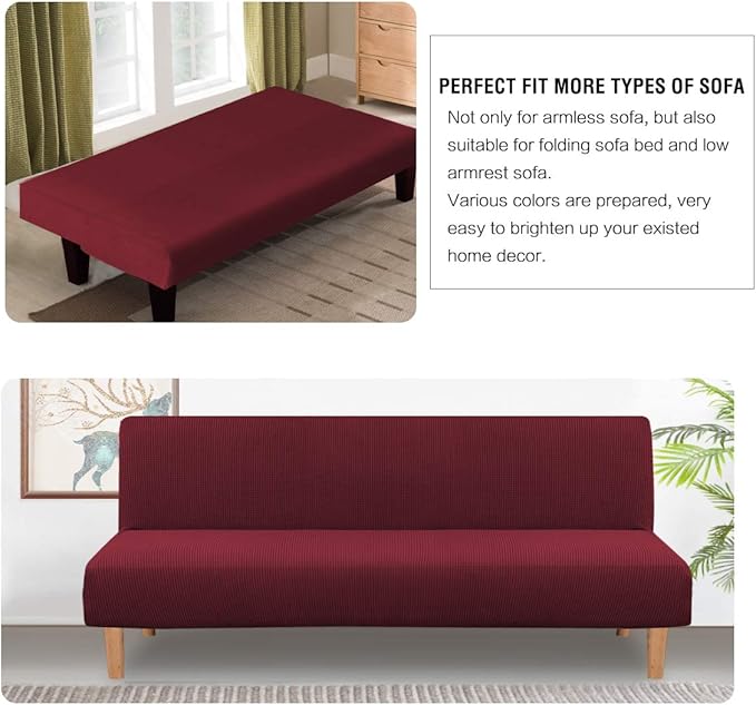 H.VERSAILTEX Armless Futon Cover Stretch Sofa Bed Slipcover Protector Elastic Feature Rich Textured High Spandex Small Checks Jacquard Fabric Futon Cover, Machine Washable, Burgundy Red