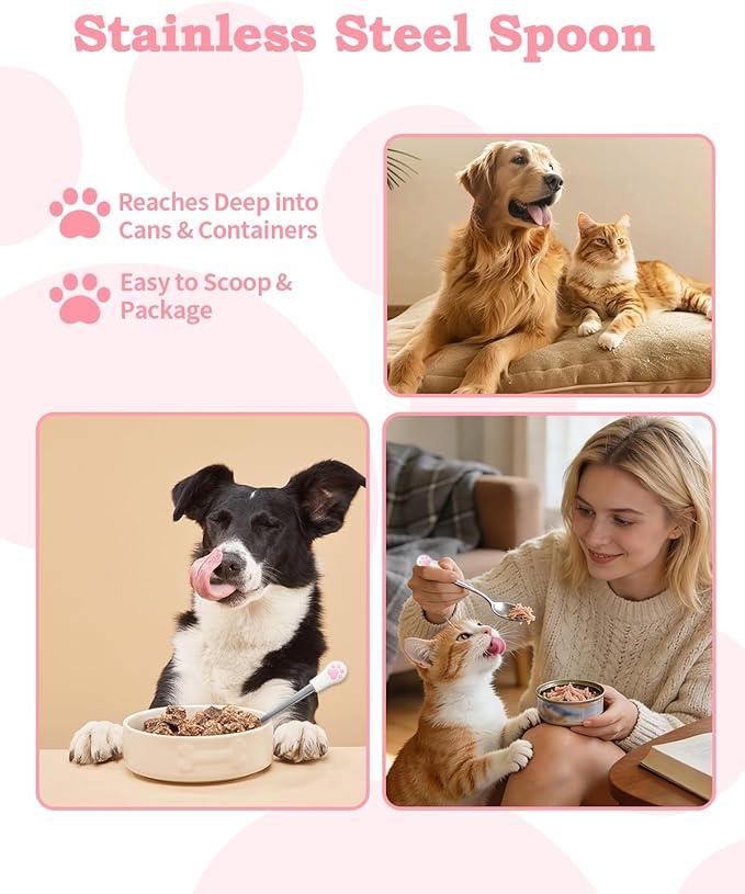 6 PCS Cat Food Can Covers Set, Reusable Silicone Can Lids with Opener, Stainless Steel Wet Food Spoon & Cat Treat Squeezer for Pet Feeding and Storage, Fits Cats & Dogs