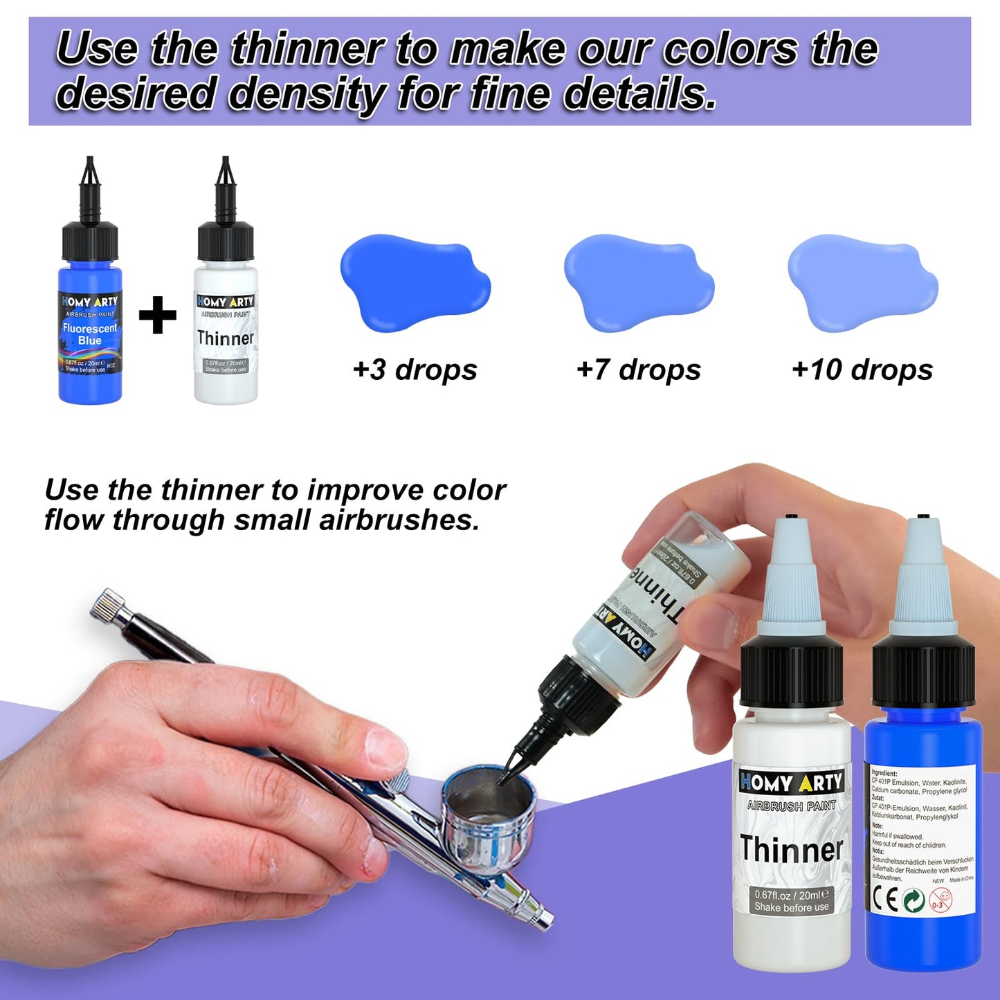HOMY ARTY Airbrush Paint - 30 Colors with 3 Thinner, Ready to Spray Airbrush Paint Set, Water-Based Acrylic Air Brush Paints for Metal, Plastic Models, Canvas, Wood - 33 Bottles
