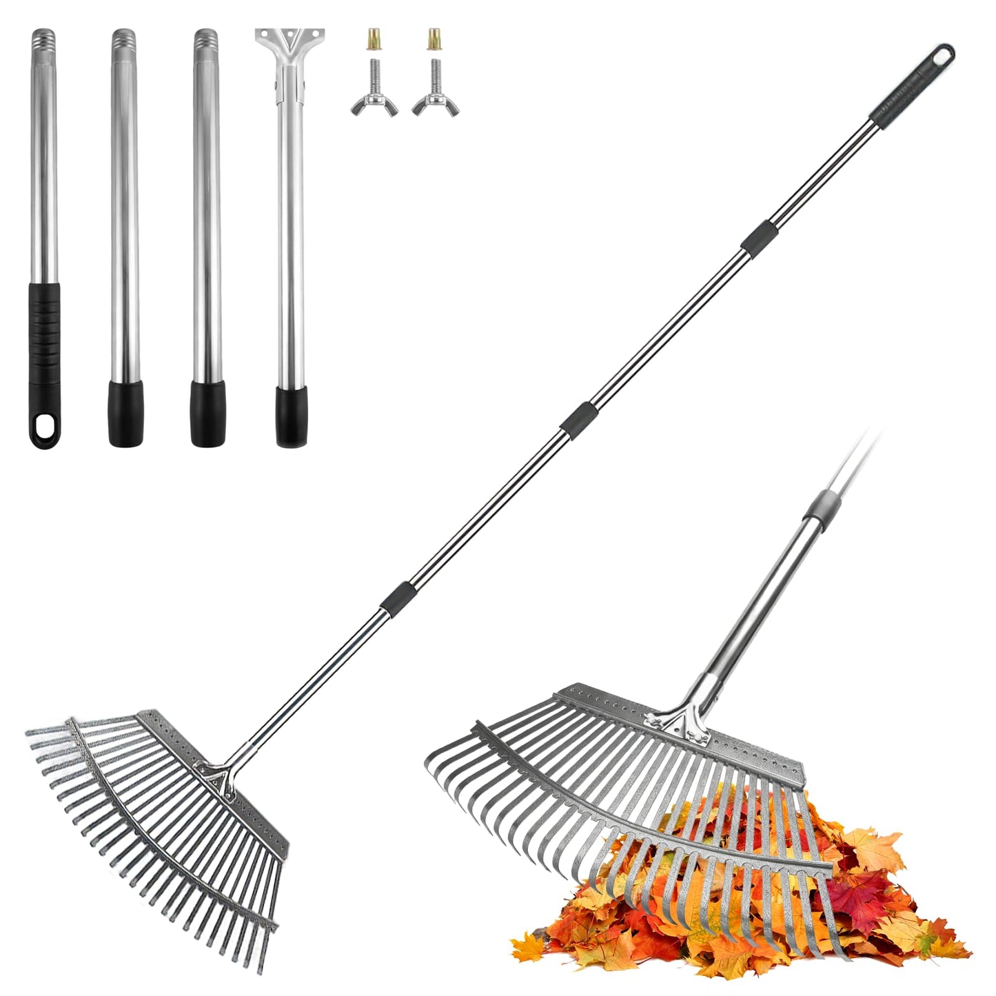 ARTIPOLY Adjustable Leaf Rake, 18-Inch Wide Heavy Duty Garden Rake with 62-Inch Long Handle, Large Metal Leaf Rake for Lawn Yard Grass, Flower Beds, Outdoor Use, Rastrillo para Jardin