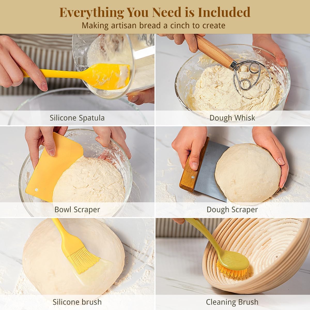 BAVIFY 9 Inch Round Banneton Bread Proofing Basket Sourdough Starter Kit, Sourdough Bread Baking Supplies with Bread Lame, Sling, Spatula, Scraper, Dough Whisk