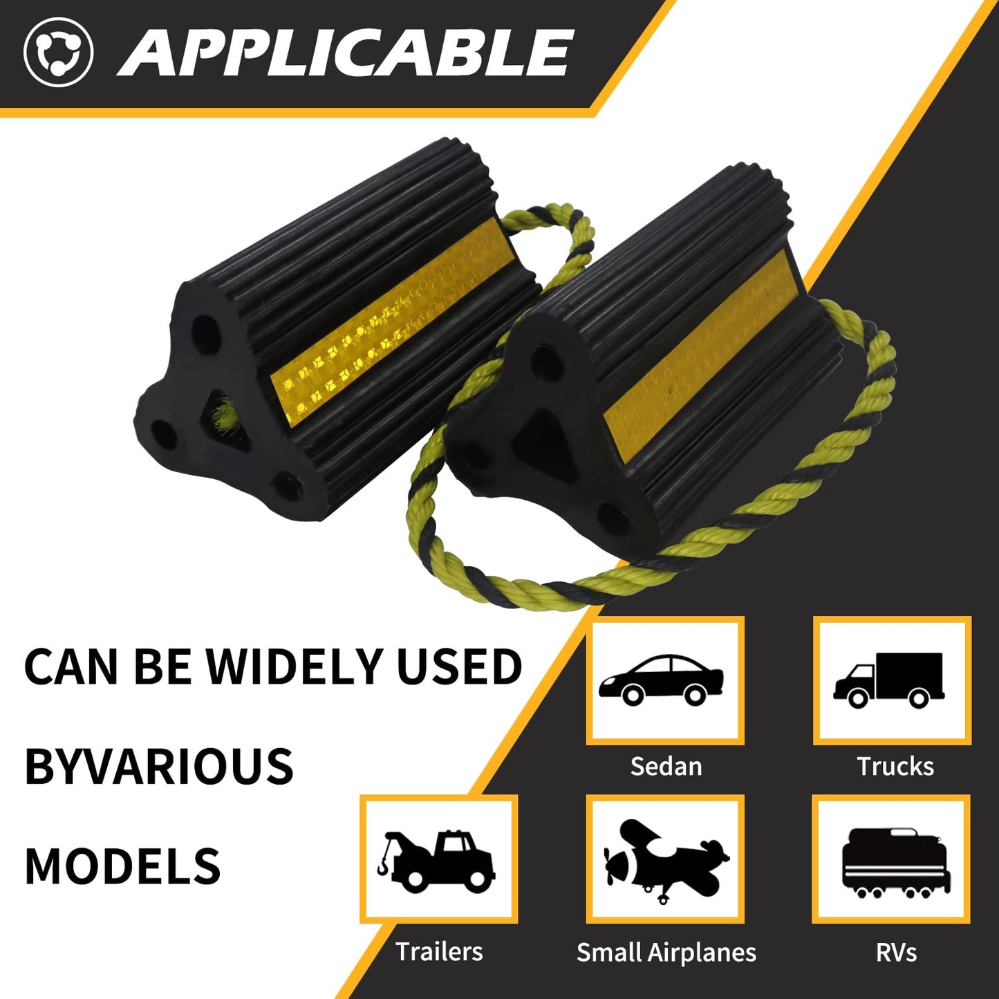WECARLLE Wheel Chocks [1pair/2pack with Rope] for RV Trailer Camper Truck Car and Aircraft, Versatile Heavy Duty Rubber Wheel Chocks Block with 3 Reflective Strips, Tire Wheel Immobilizers & Chocks