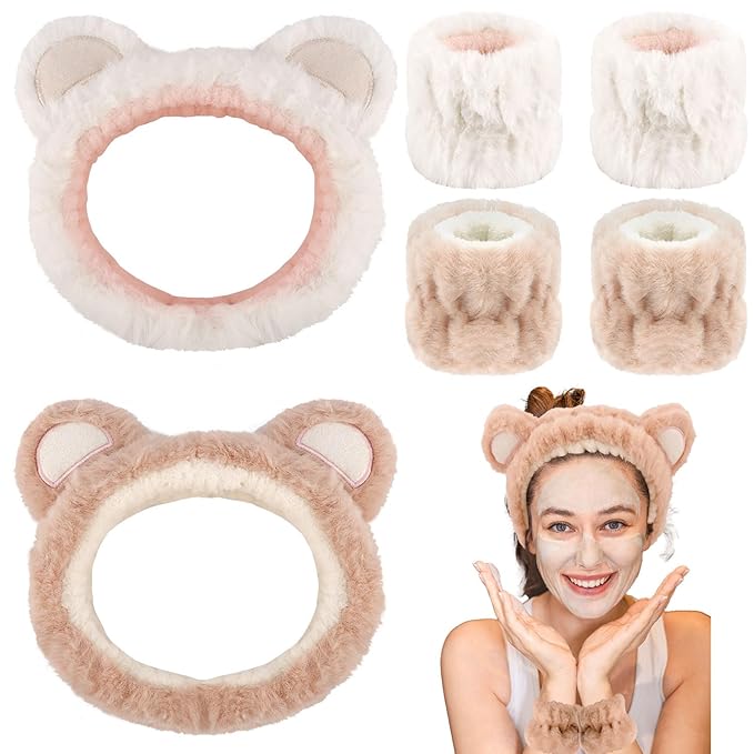 Bear Ears Spa Wristband Set - Cute Animal Skincare Headband for Washing Face - Fluffy Elastic Face Wash Hair Band for Women & Girls - Trendy Stuff (White Khaki)