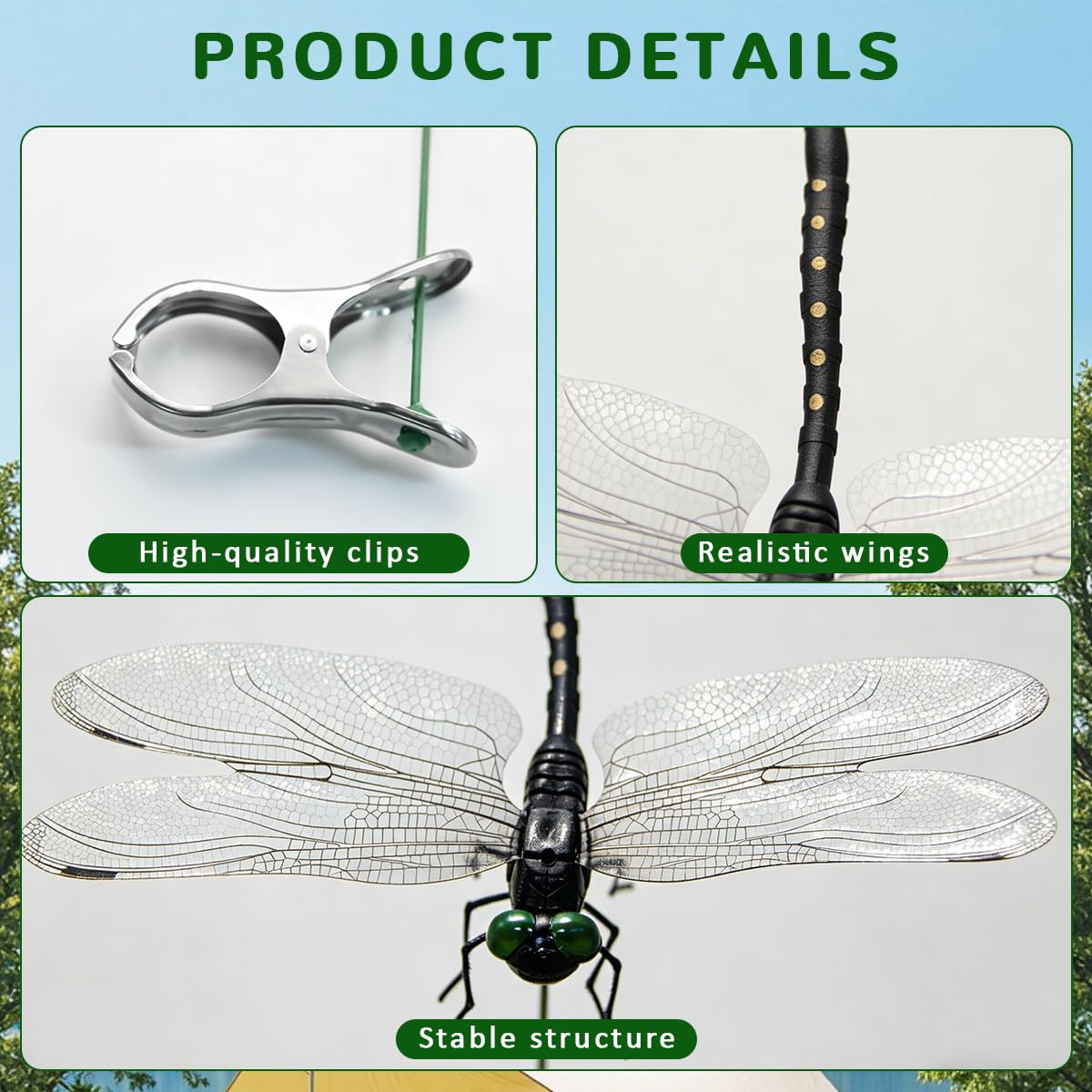 10 Pcs Dragon Fly Clips,Black Artificial Dragonfly Decor with Detachable PVC Wings, Nature-Inspired Outdoor Accessory for Hiking Hat, Camping, Patio, Yard