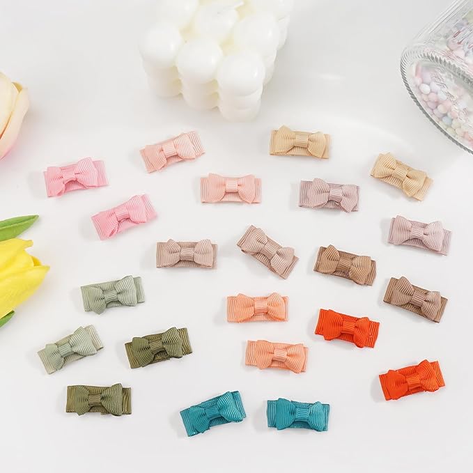 CÉLLOT 40pcs Mini 1.2" Grosgrain Ribbon Snap Clips - Tiny Fine Thin Hair Bows in Pairs for Baby Girls, Toddlers, and Infants