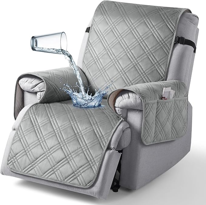 TAOCOCO 100% Waterproof Recliner Chair Cover, Recliner Covers for Recliner Chair with Pocket, Non Slip Reclining Chair Cover Furniture Protector for Kids, Pets(30'', Light Grey-Velvet)