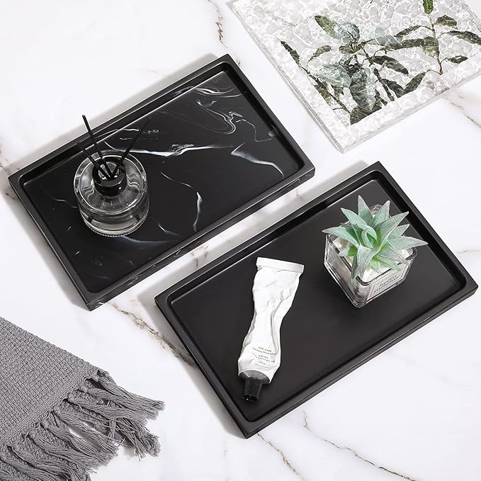 Luxspire Bathroom Vanity Tray, Resin Dresser Jewelry Ring Dish Tank Storage Kitchen Sink Countertop Organizer Plate Holder for Perfume Candles Soap Towel Plant Bathroom Accessories, M, Matte Black
