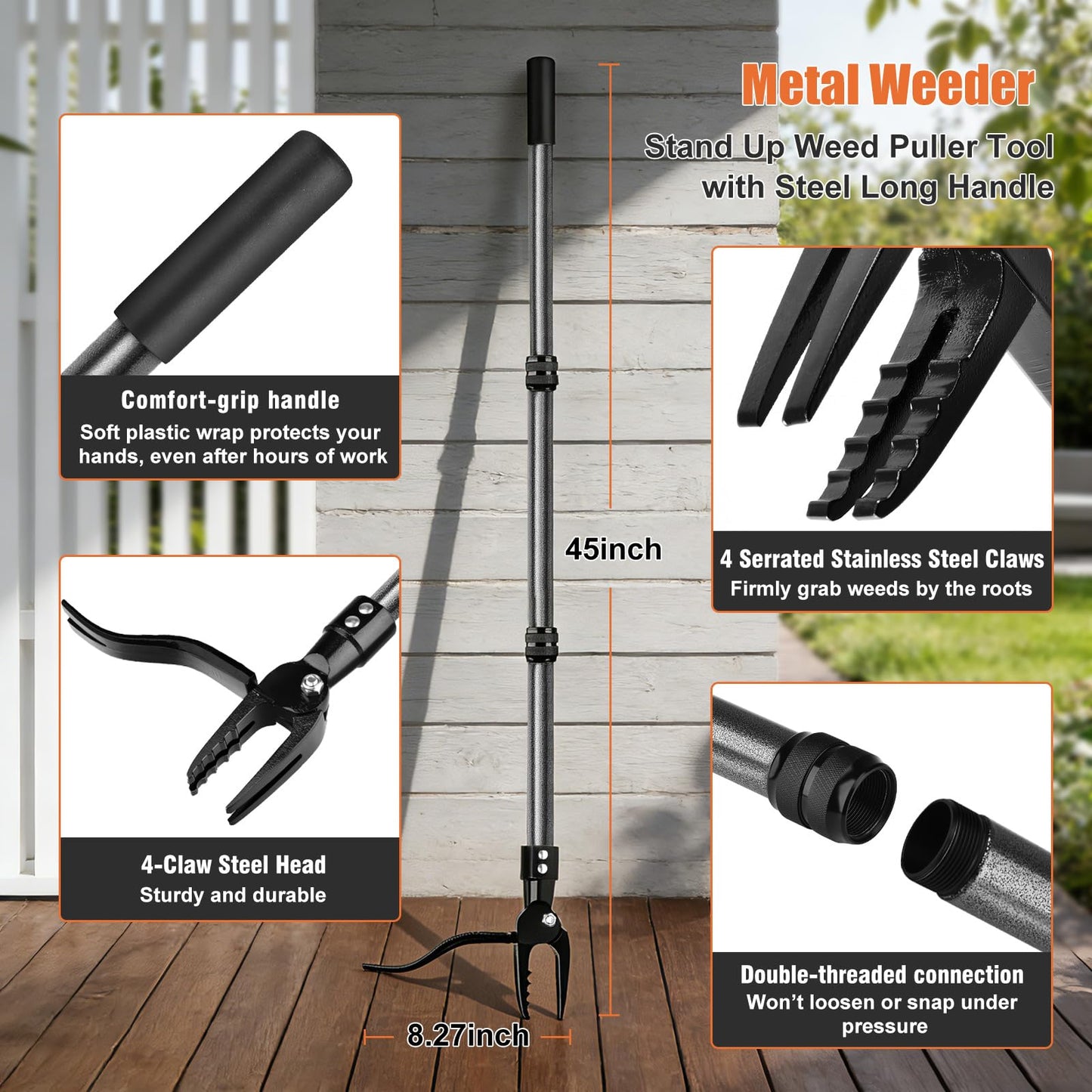 GOXAWEE Metal Stand Up Weed Puller Tool - 45" Garden Weeding Tool with Steel Long Handle & 4-Claw Steel Head - Effortlessly Remove Weeds Without Bending/Kneeling - All Steel Construction