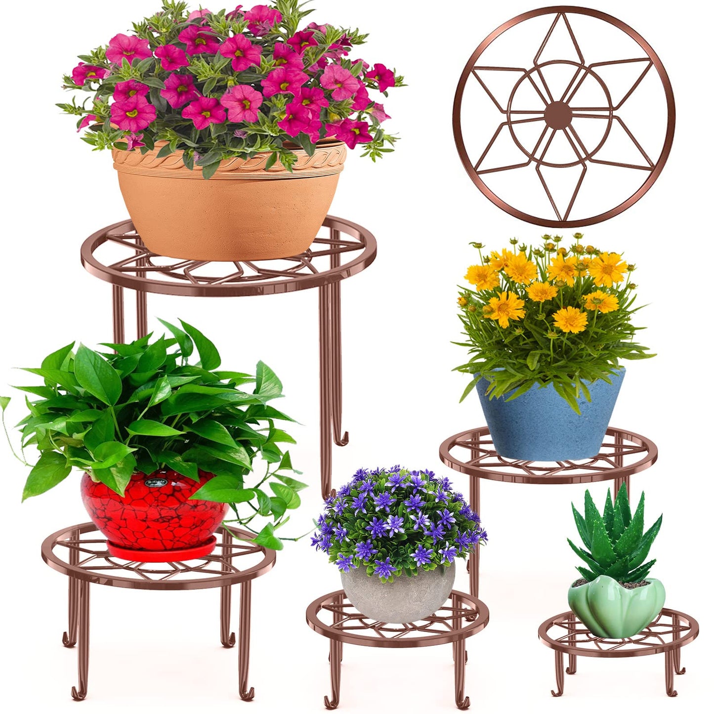 Autopromake 5 Pack Metal Plant Stands for Multiple Plant,Heavy Duty Flower Pot Stands for Outdoor Indoor Plants,Rustproof Iron Round Pot Shelf for Planter