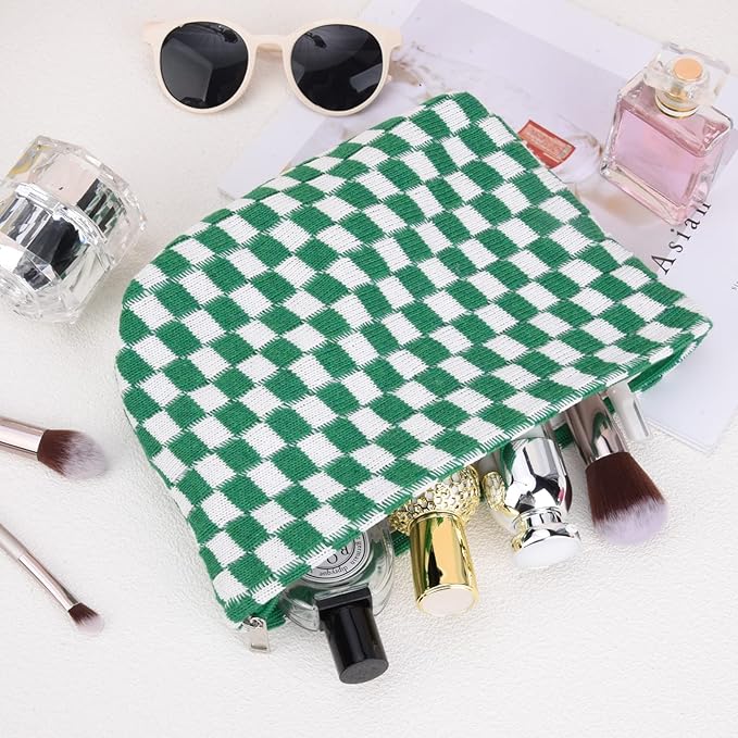SOIDRAM 2 Pieces Makeup Bag Large Checkered Cosmetic Bag Capacity Canvas Travel Toiletry Bag Organizer Cute Makeup Brushes Aesthetic Accessories Storage Bag for Women, Checkered L Green Rose red