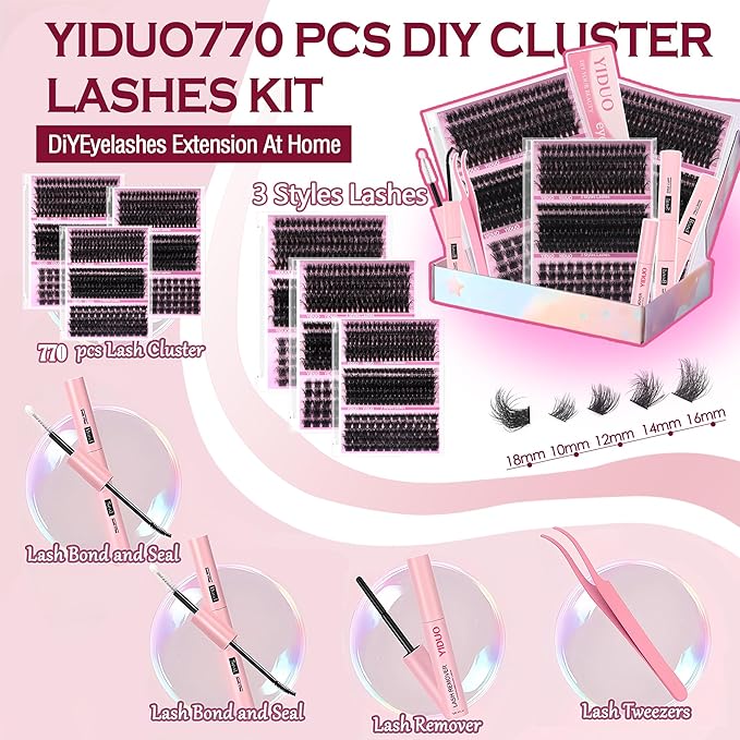 YIDUO Lash Clusters Kit with 2X Bond&Seal 770Pcs 5 style Thick Volume Clusters Lashes Extensions Kit Faux Mink Individual Wispy False Eyelashes Clusters Kit DIY at Home Easily