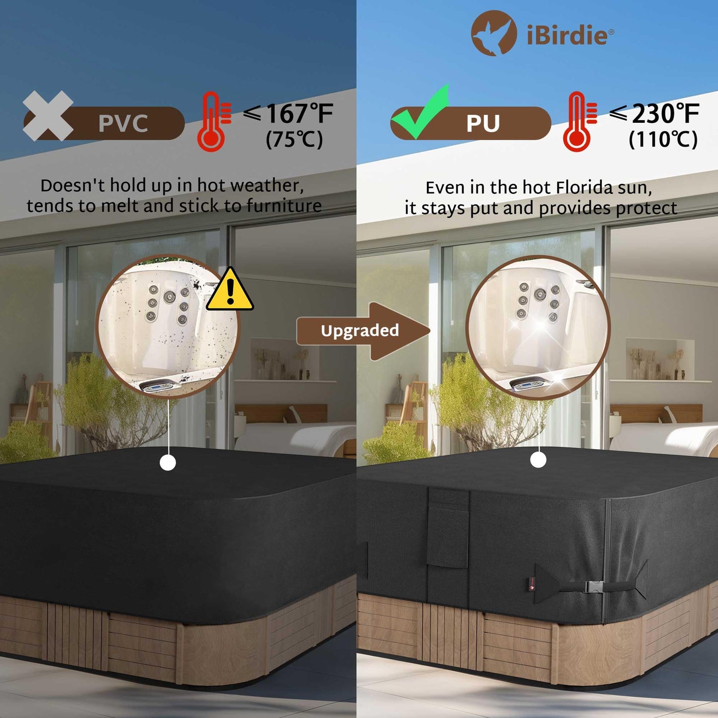 iBirdie Outdoor Waterproof Rectangular Hot Tub Cover 85 x 67 inch fit 84 x 66 or 83 x 65 or 82 x 64 SPA 600D Heavy Duty Rectangle Weatherproof Protectors Protective Cover Cap
