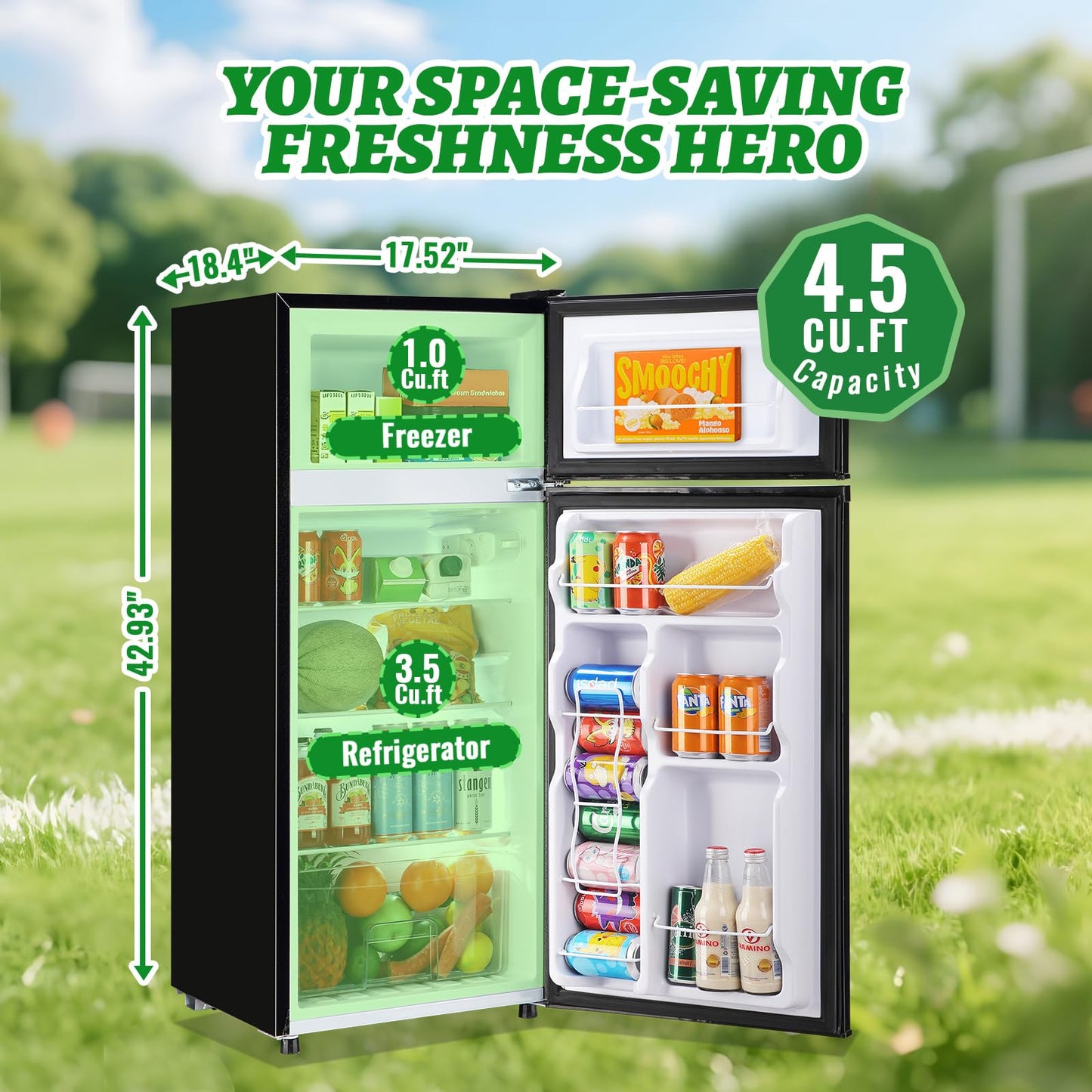 DEMULELR 4.5Cu.ft Small Mini Refrigerator with Freezer Black Two Door Mini Fridge with Crisper Drawer & Extra Drink Space, LED Light, Apartment Size Fridge for Dorm Office 17.5" W x 18.5" D x 43" H
