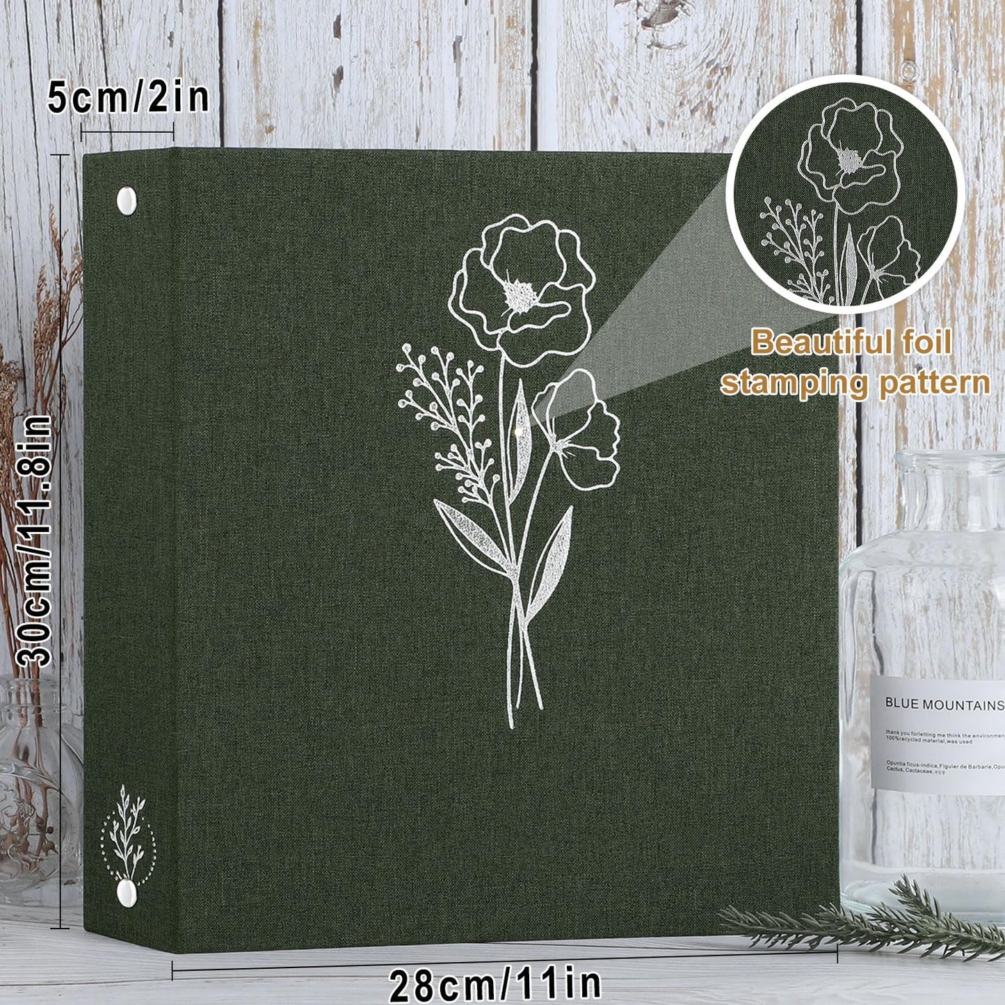 Lanpn 8.5x11 inch Scrapbook Photo Album, Linen Cover Archival Acid Free Top Load 3 Ring Binder Folder Photo Book 8.5 x 11 with 30 Plastic Sleeves 60 Pages (Green)