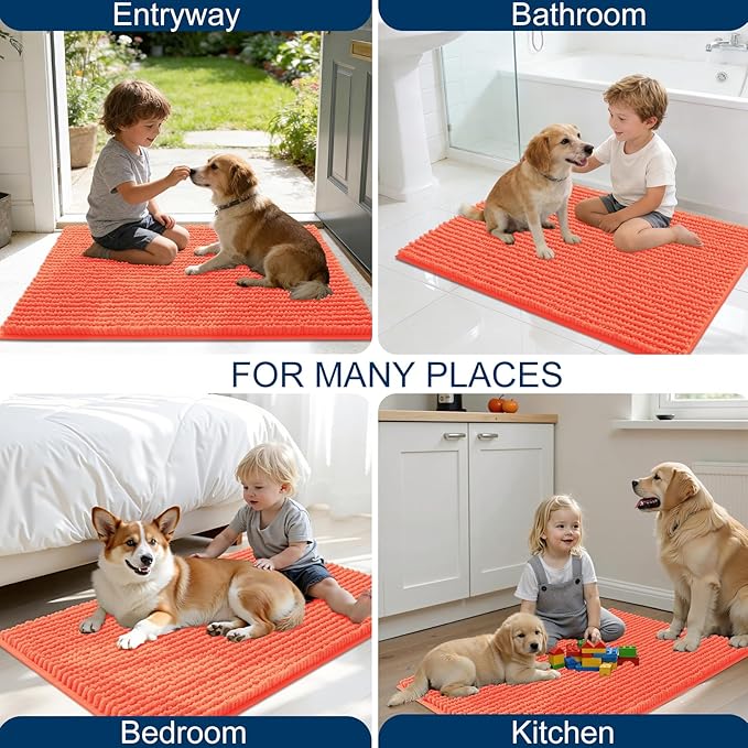OLANLY Dog Door Mat for Muddy Paws 30x20, Ultra Absorbent Chenille Mud Doormat, Non-Slip Washable and Dirt Trapping Doormat for Indoor Entryway, Quick-Dry Indoor Pet Bed Mats for Dogs, Coral