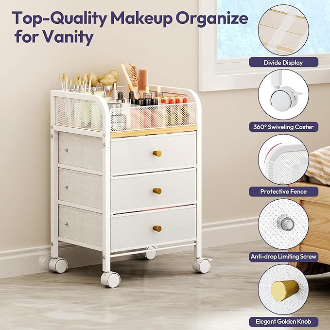 SWTYMIKI Rolling Makeup Organizer Cart - 14.96Ã¢ÂÂ³*11.81Ã¢ÂÂ³*23.03Ã¢ÂÂ³ Widened Under Desk Vanity Storage with 3 Non-woven Drawers, Cosmetic Display Cases for Skin Care Perfume Nail Polish Brush Hair Tool White