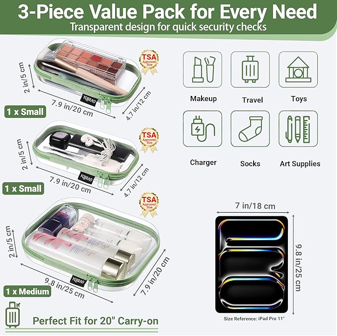 YQBRAO 3-Pack Clear Hard Shell Zipper Case Green, 1.2mm Heavy-Duty Crush-Proof Travel Makeup Bag, TSA Approved Clear Zipper Pouches, Rigid Toiletry & Diaper Bag Organizer for Tech, Toys & Art Supplies
