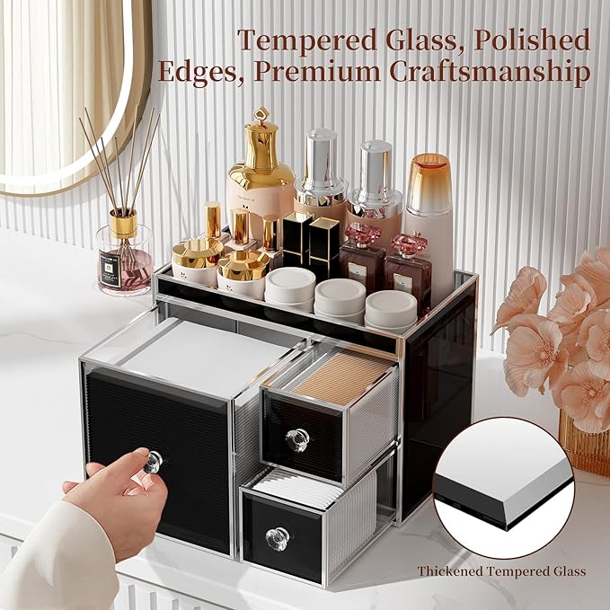 Coralhouse Multifunctional Face Towel Holder with 3 Drawers Ã¢ÂÂ Tempered Glass Cotton Pad & Swab Organizer Ã¢ÂÂ Disposable Face Towel Holder for Bathroom Vanity
