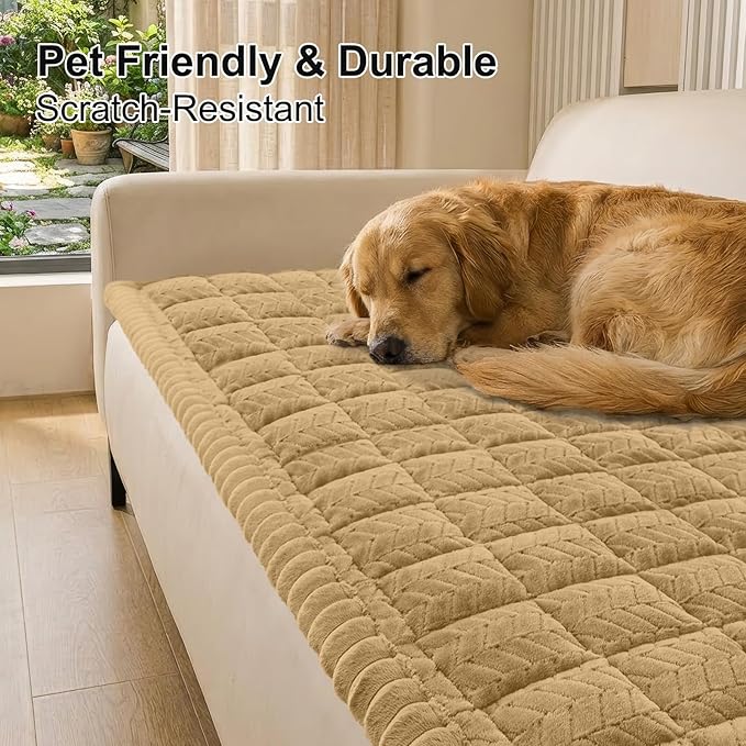 Smiry Non Slip Couch Covers for Dogs, Fuzzy Pet Couch Covers for 3 Cushion Sofa Pet Friendly, Soft Sofa Slipcovers Cushion Furniture Protector Washable (Camel, 27.6" x 70.9")