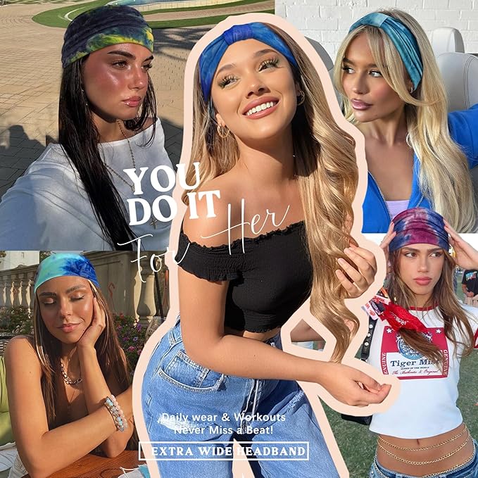 Awumbuk Wide Headbands for Women Knotted No Slip Head Bands Soft Turban Headband Hair Accessories Boho African Solid Color Head Wraps for Women Yoga Workout Pack of 6