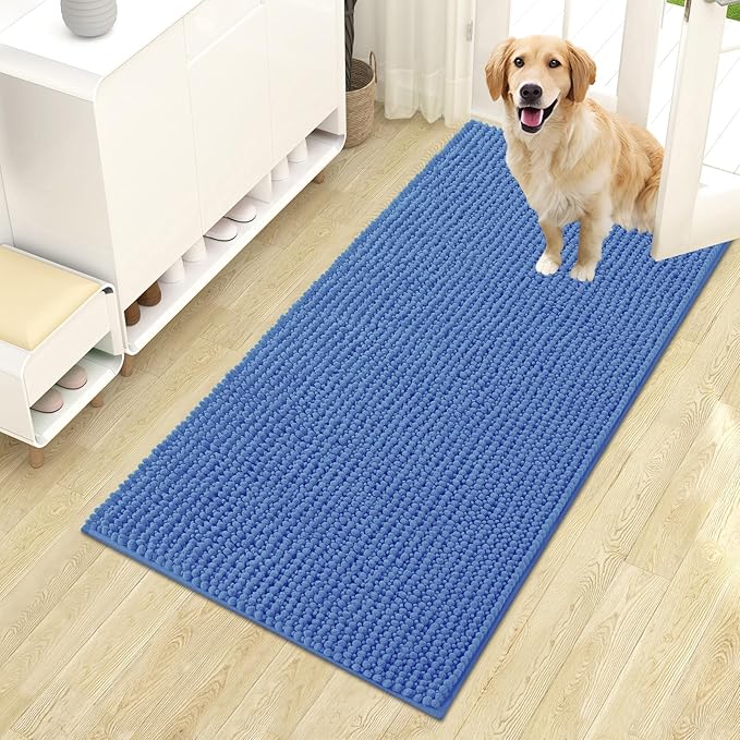 OLANLY Dog Door Mat for Muddy Paws 44x24, Ultra Absorbent Chenille Mud Doormat, Non-Slip Washable and Dirt Trapping Doormat for Indoor Entryway, Quick-Dry Indoor Pet Bed Mats for Dogs, Cornflower Blue