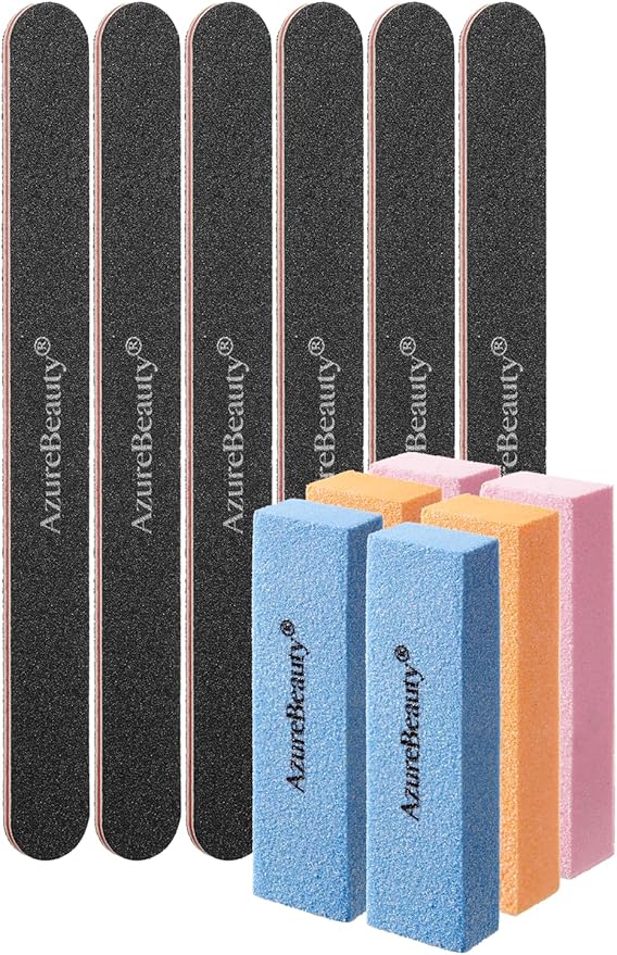 AZUREBEAUTY Nail Files and Buffers, Professional Nail Supplies, Nail Files for Natural Nails, Rectangular Nail Buffer Block for Polishing Filing, and Nail Care, 100/180 Grit 12 pcs Manicure Tools Kit
