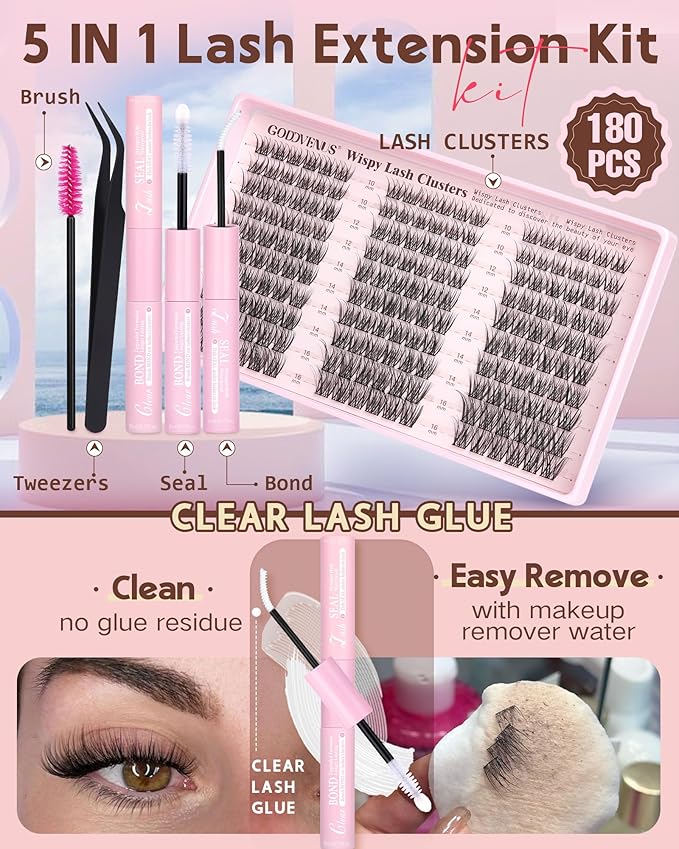 Goddvenus Wispy Lash Clusters Kit Mascara-like Natural Eyelash Clusters Lashes Cluster Eyelash Extensions Kit 10-16mm False Eyelashes Individual Lashes C Curl Lash Extension Kit For DIY