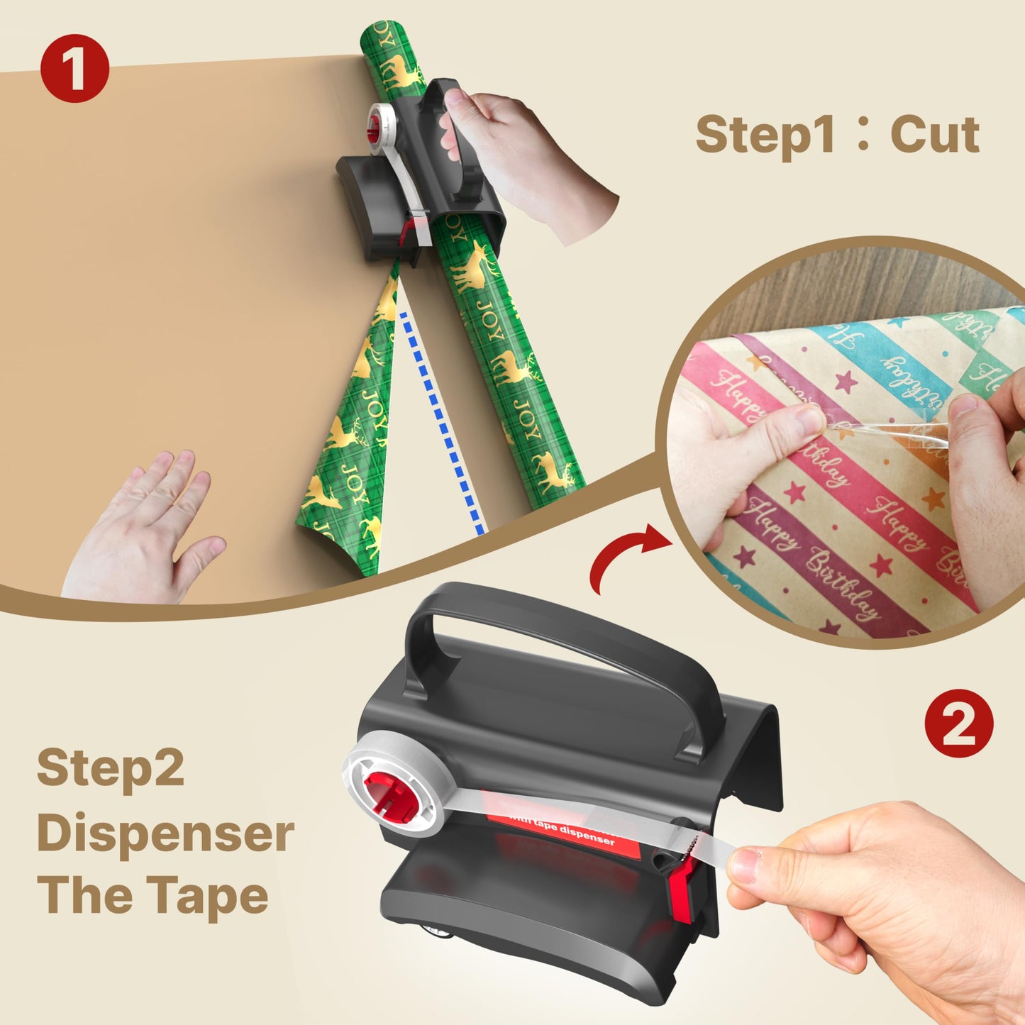 Wraprocut (2-Pack) Wheel Wrapping Paper Cutter & Tape Dispenser with 4 Tapes，2 Replace Blades Kit for Christmas Gift Wrap Cutter Tool Paper Roll Holder Tube Sliding Slicing for Birthday Holiday.