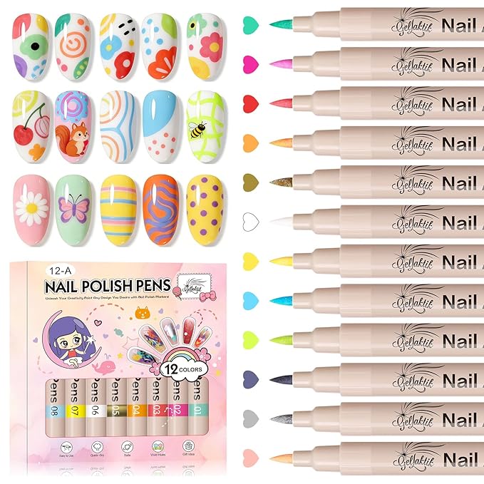12 Colors Nail Art Pens Set, 3D Nail Color Pens, Quick-Drying Acrylic Paint Markers, Dotting Liner Brush for DIY Nail Design, Home & Salon Manicure Tools