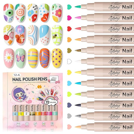 12 Colors Nail Art Pens Set, 3D Nail Color Pens, Quick-Drying Acrylic Paint Markers, Dotting Liner Brush for DIY Nail Design, Home & Salon Manicure Tools