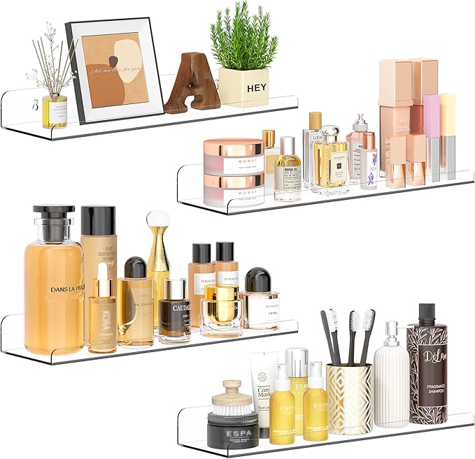Qukaka Floating Shelves for Wall Decor, 15" Extra Clear Wall Shelves for Bedroom, Living Room, Kitchen, Bathroom Decor, Nail Polish/Book/Decoration/Makeup/Perfume Organizer Floating Shelf-4Pack