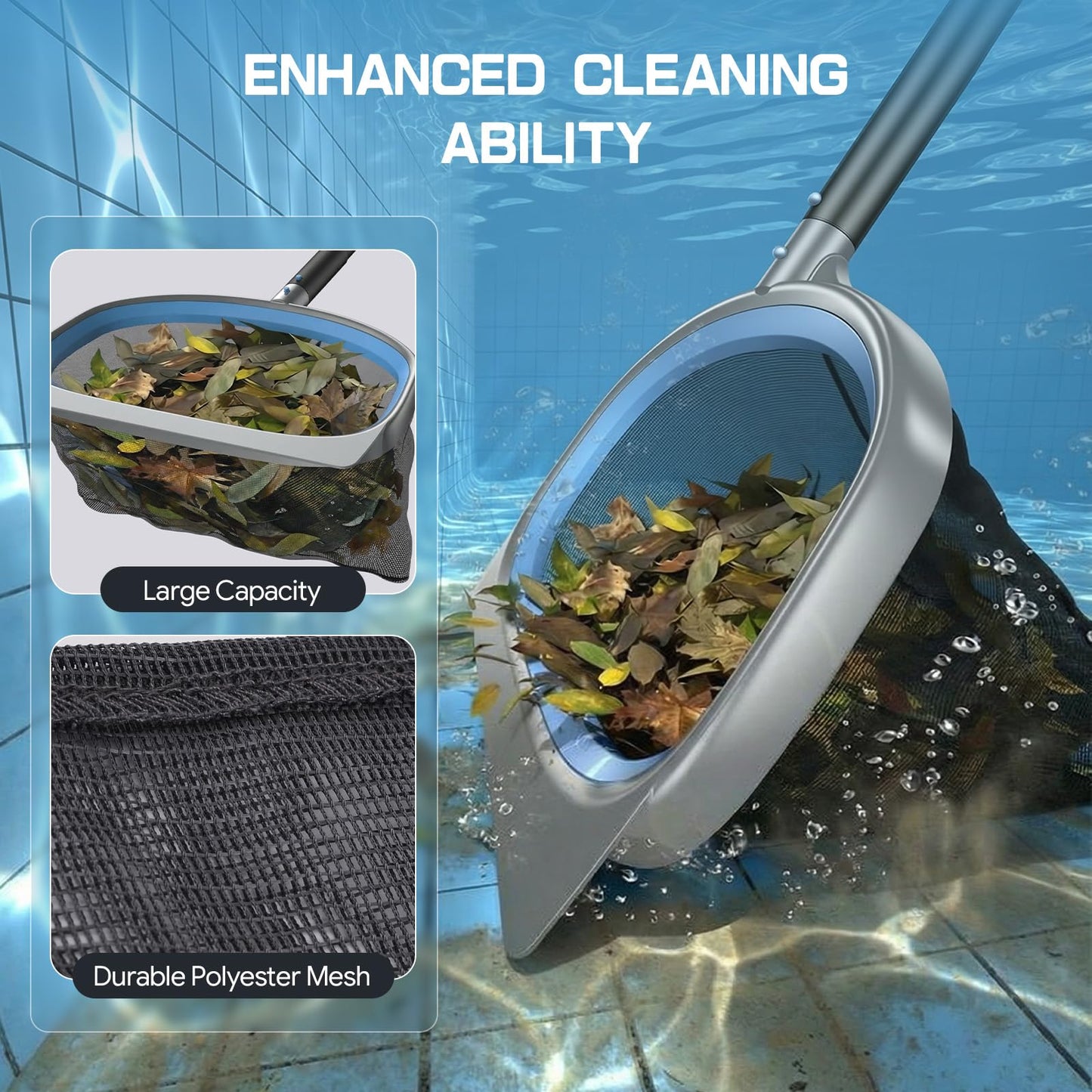 UIRWAY 4-in-1 Deluxe Swimming Pool Cleaning Kit - Includes Upgrade Triangular Pool Vacuum Head, Detachable Brush, Deep Leaf Skimmer Net, Adjustable Aluminum Pole Inground & Above Ground Pools