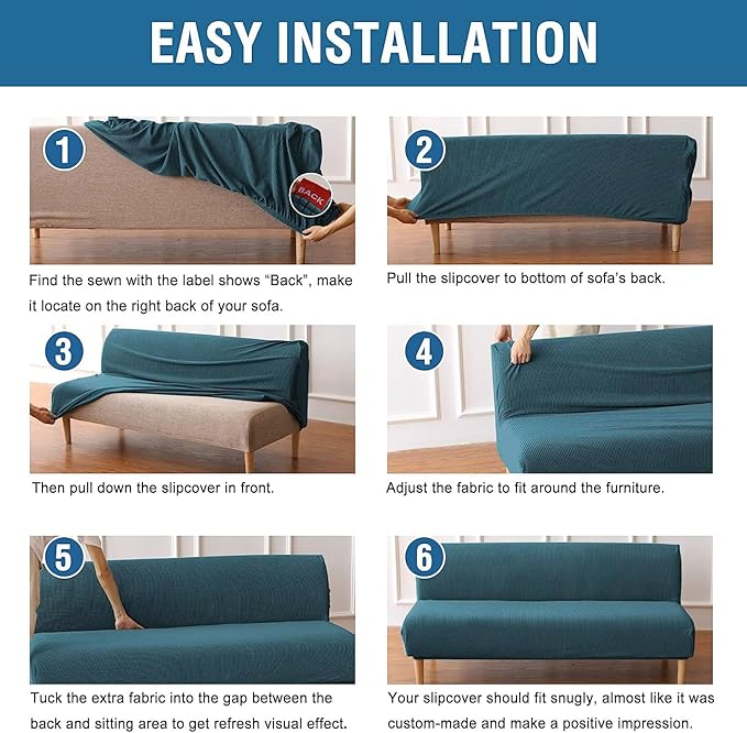 H.VERSAILTEX Armless Futon Cover Stretch Sofa Bed Slipcover Protector Elastic Feature Rich Textured High Spandex Small Checks Jacquard Fabric Futon Cover, Machine Washable, Deep Teal